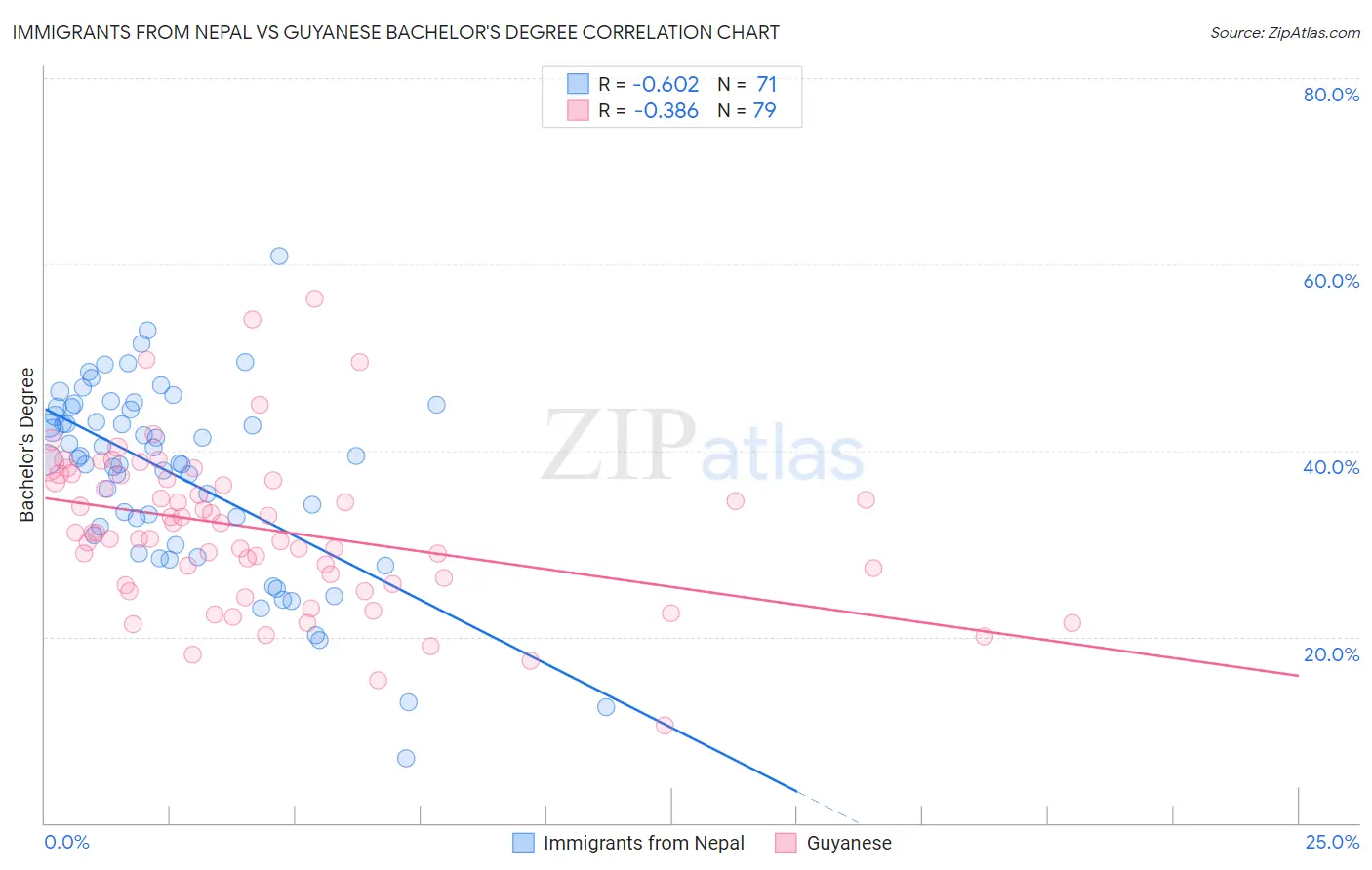 Immigrants from Nepal vs Guyanese Bachelor's Degree