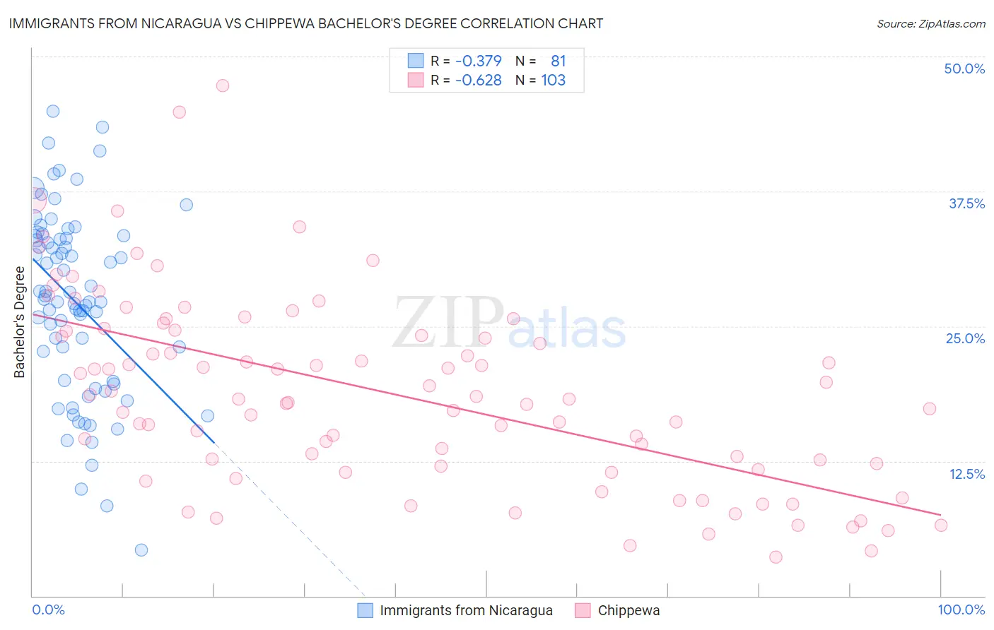 Immigrants from Nicaragua vs Chippewa Bachelor's Degree