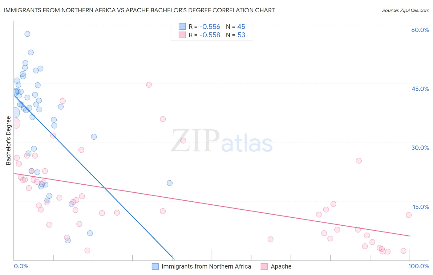 Immigrants from Northern Africa vs Apache Bachelor's Degree