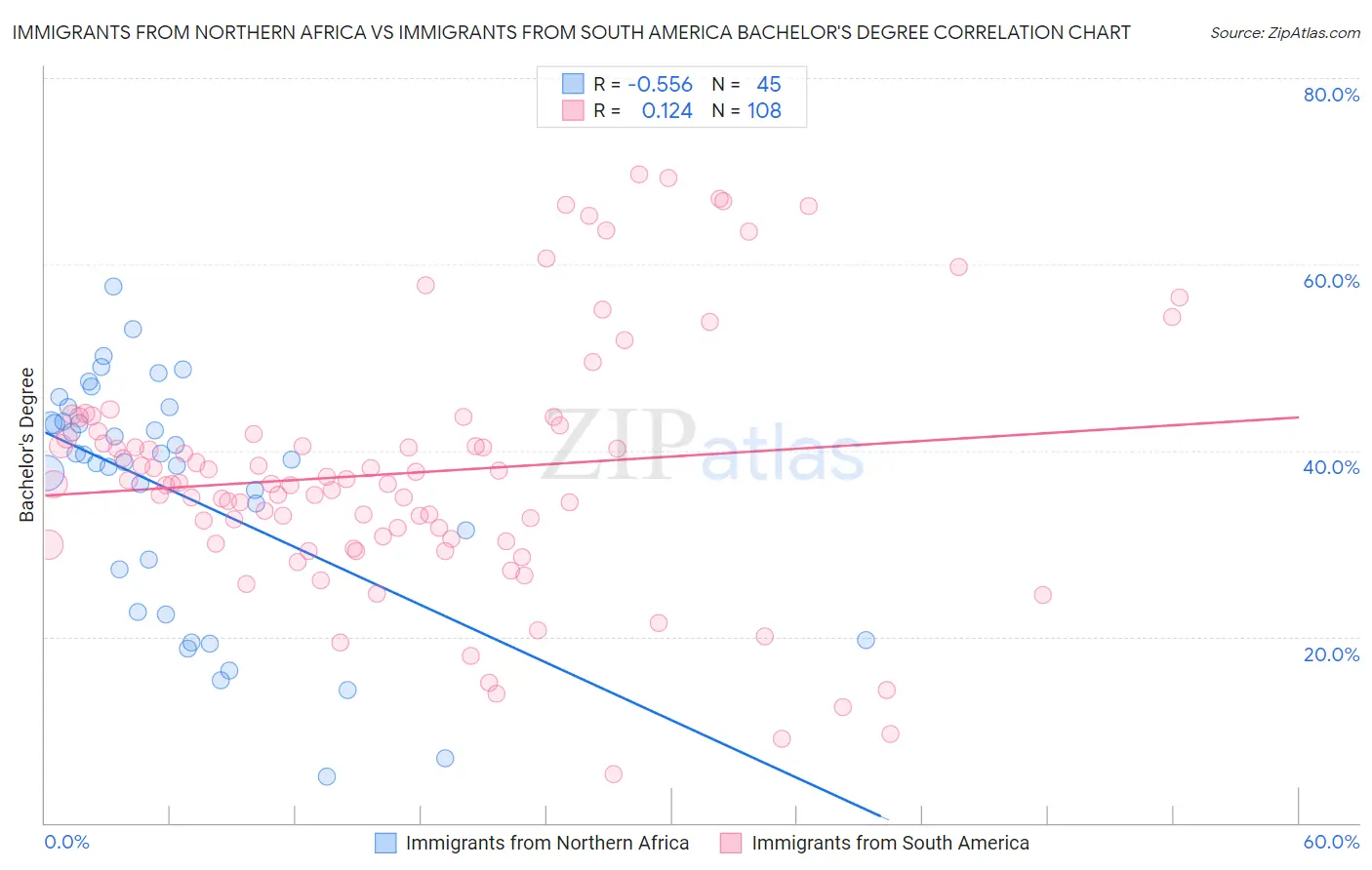 Immigrants from Northern Africa vs Immigrants from South America Bachelor's Degree