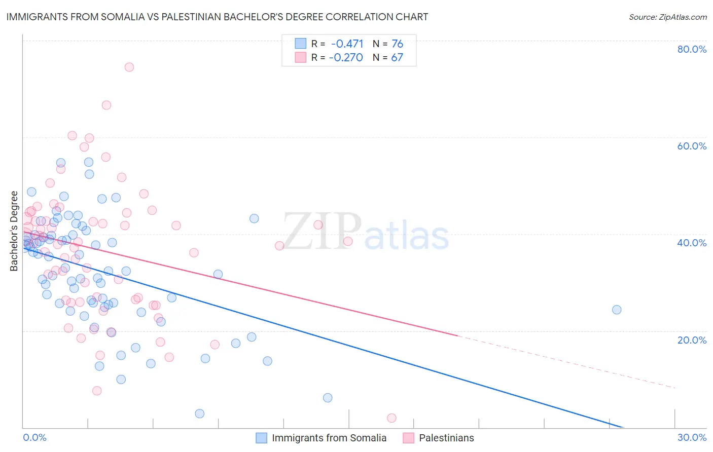 Immigrants from Somalia vs Palestinian Bachelor's Degree