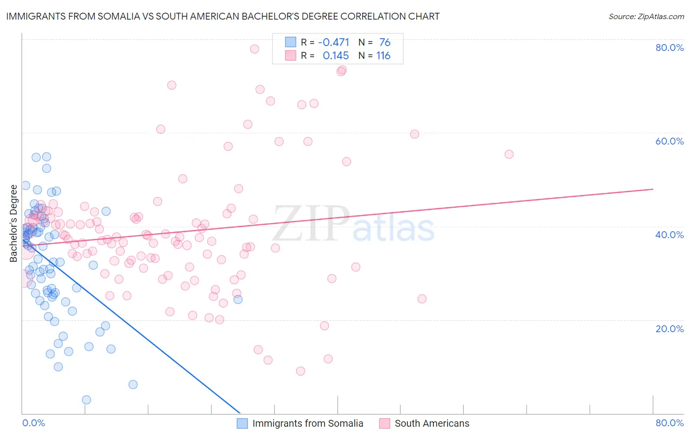 Immigrants from Somalia vs South American Bachelor's Degree