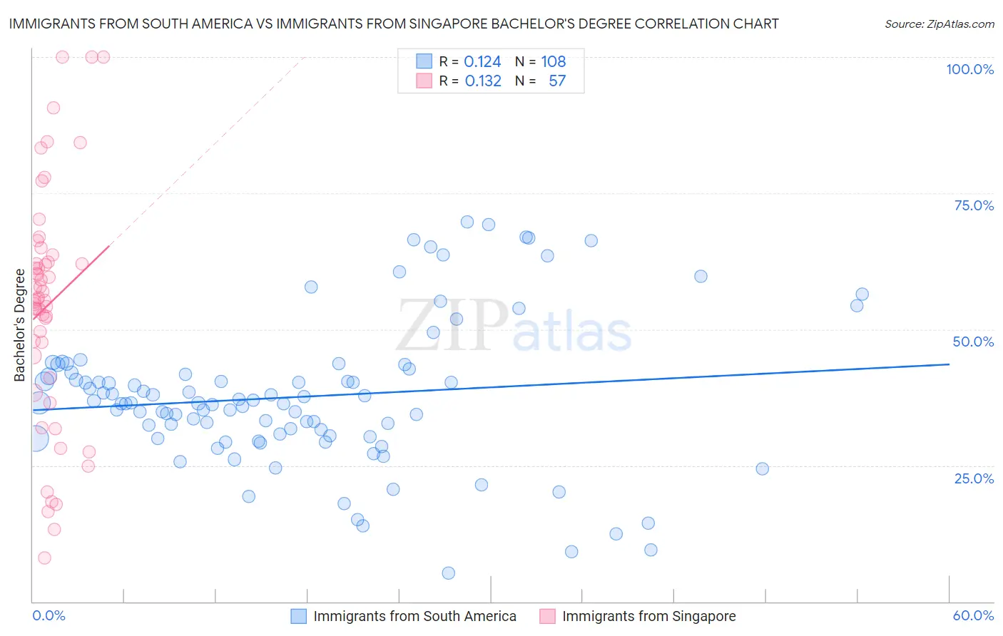 Immigrants from South America vs Immigrants from Singapore Bachelor's Degree