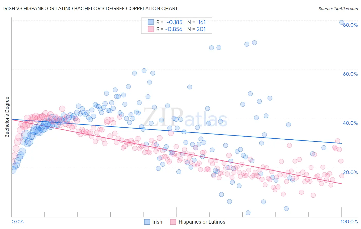 Irish vs Hispanic or Latino Bachelor's Degree