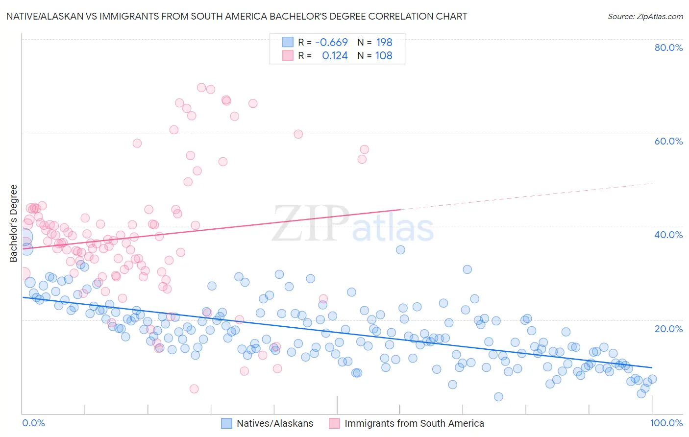 Native/Alaskan vs Immigrants from South America Bachelor's Degree