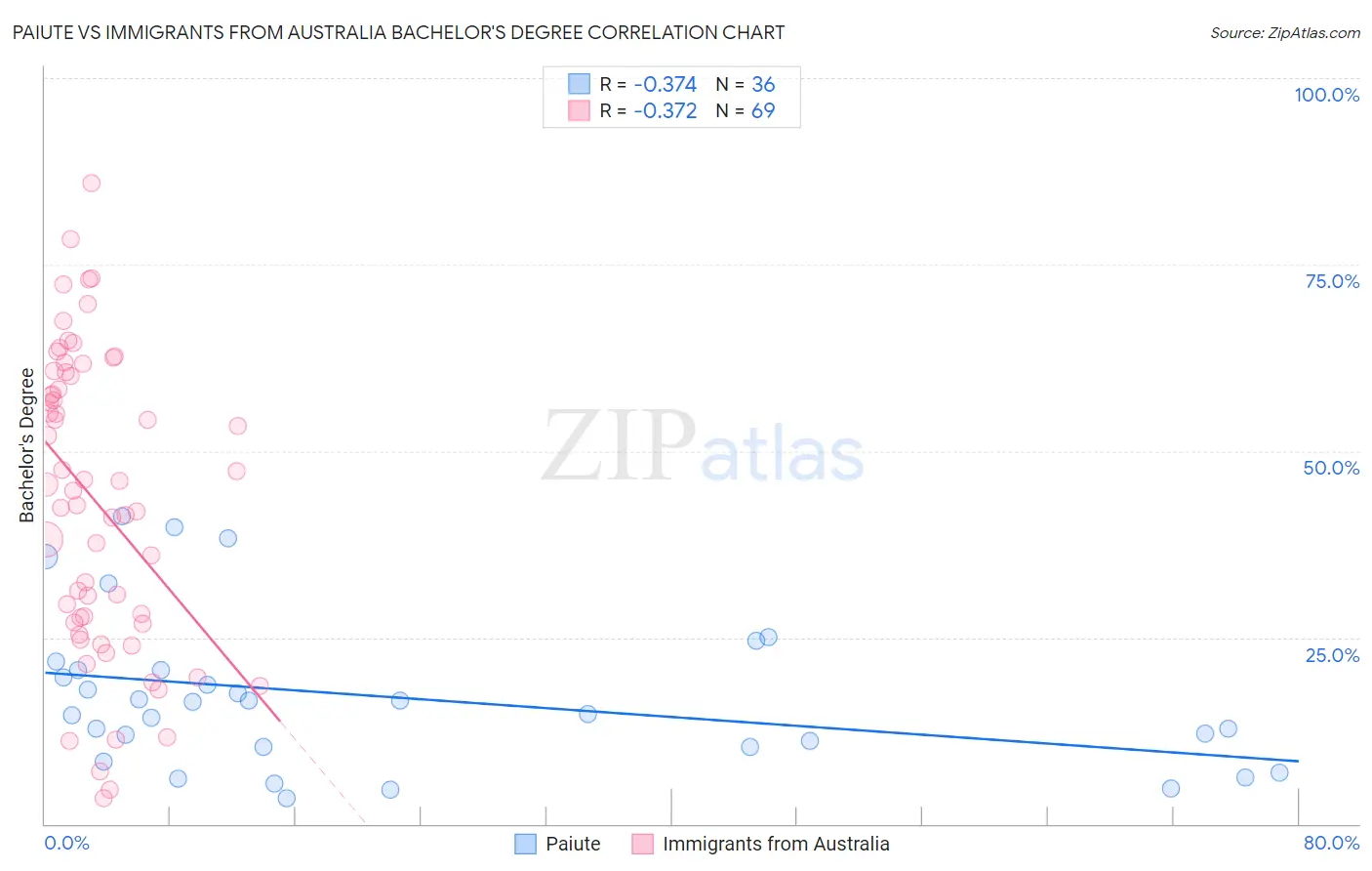 Paiute vs Immigrants from Australia Bachelor's Degree
