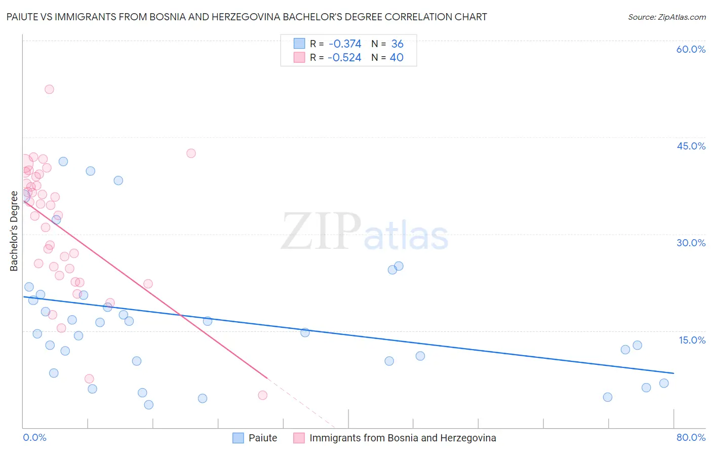 Paiute vs Immigrants from Bosnia and Herzegovina Bachelor's Degree
