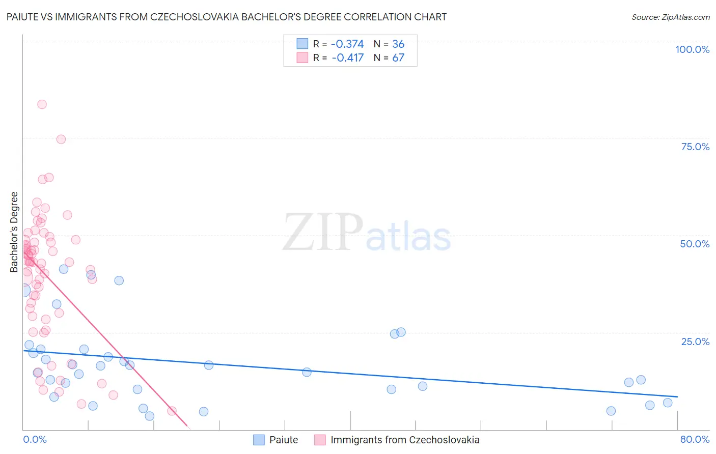 Paiute vs Immigrants from Czechoslovakia Bachelor's Degree