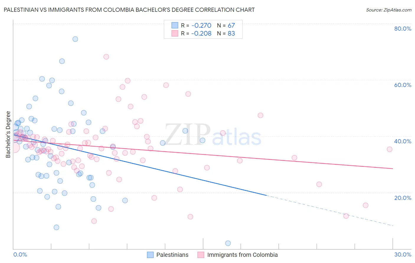Palestinian vs Immigrants from Colombia Bachelor's Degree