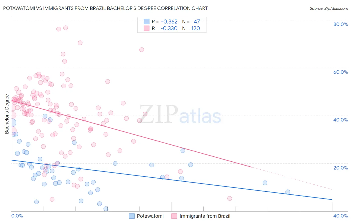 Potawatomi vs Immigrants from Brazil Bachelor's Degree