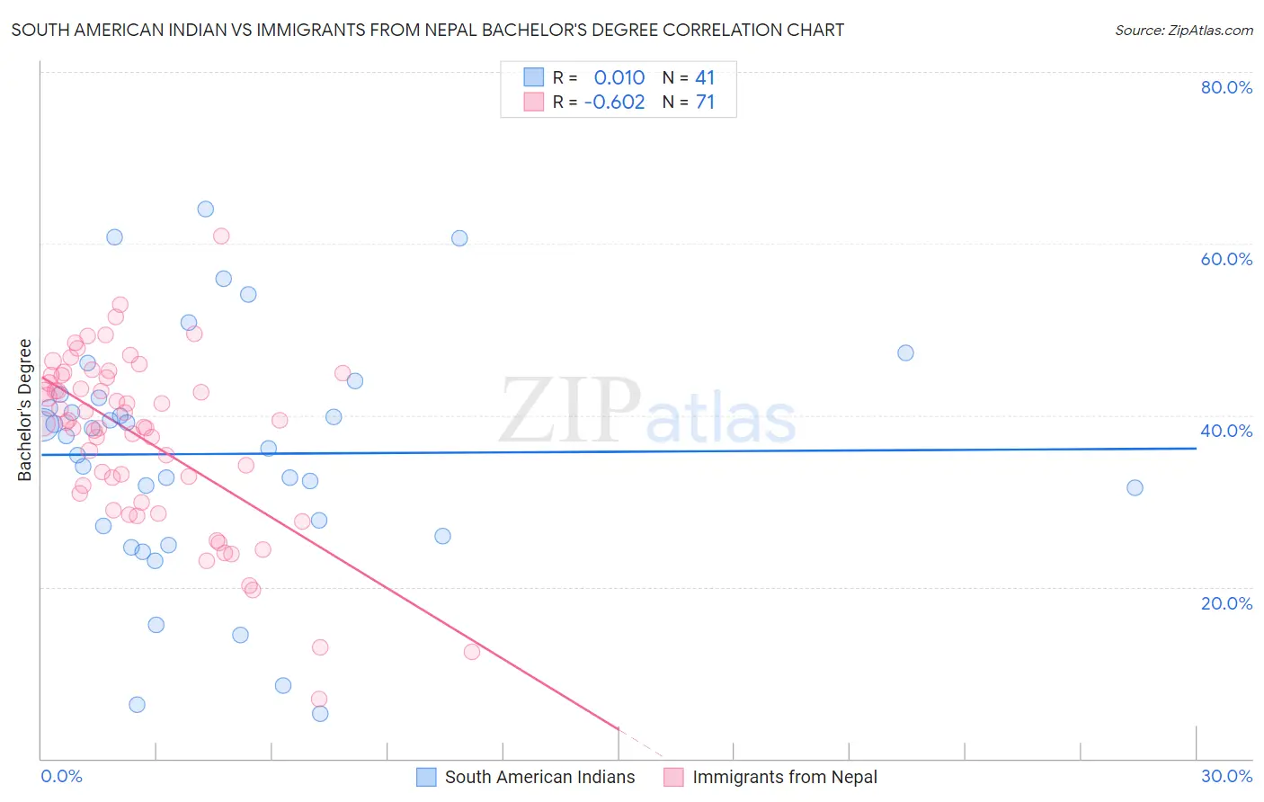 South American Indian vs Immigrants from Nepal Bachelor's Degree
