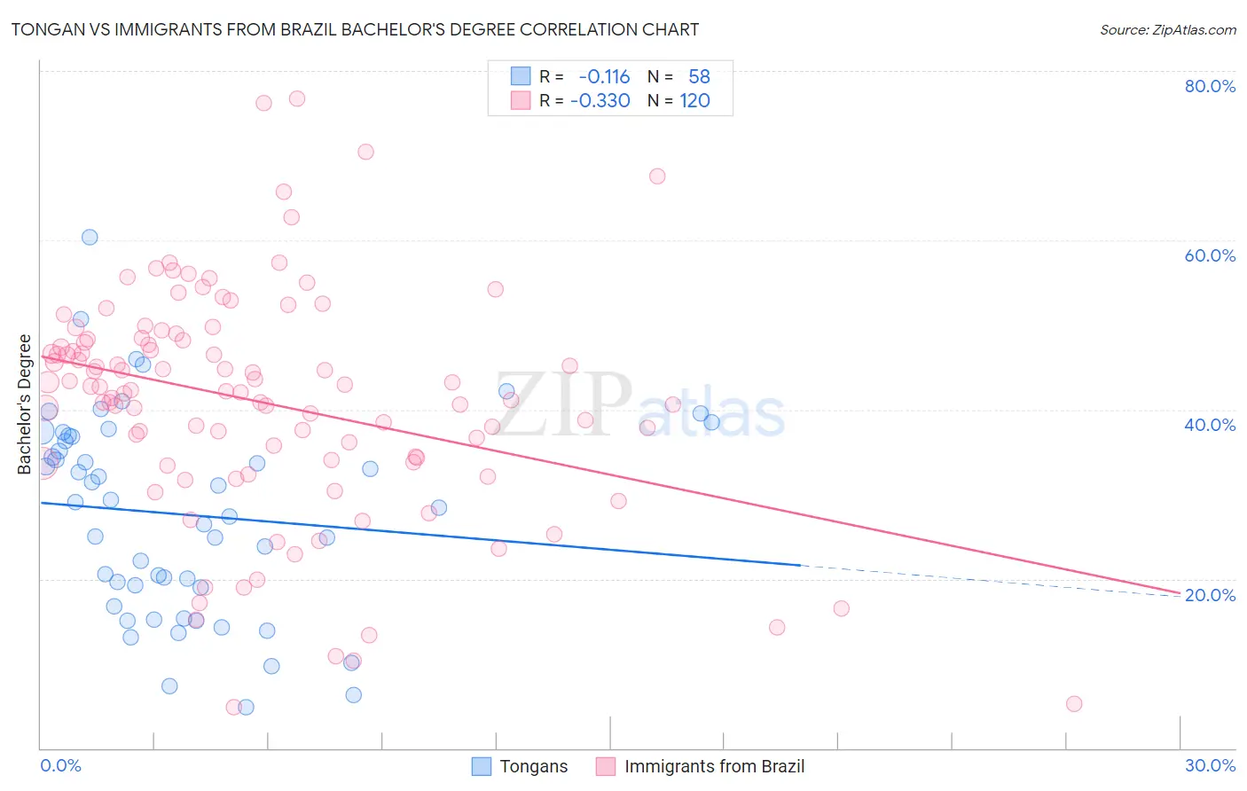Tongan vs Immigrants from Brazil Bachelor's Degree