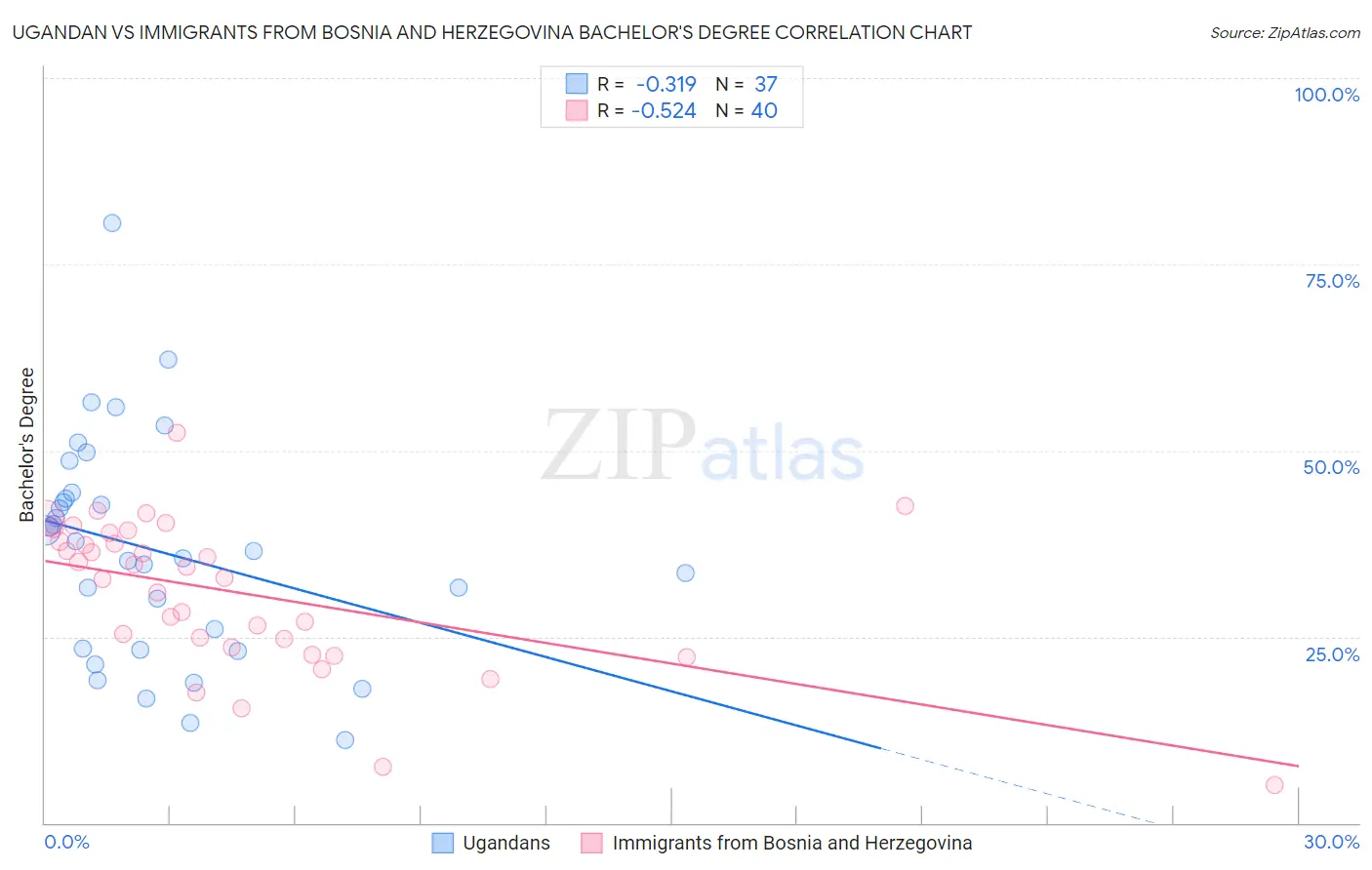 Ugandan vs Immigrants from Bosnia and Herzegovina Bachelor's Degree