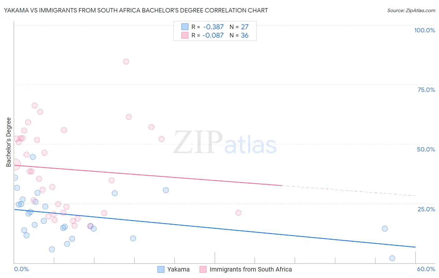 Yakama vs Immigrants from South Africa Bachelor's Degree