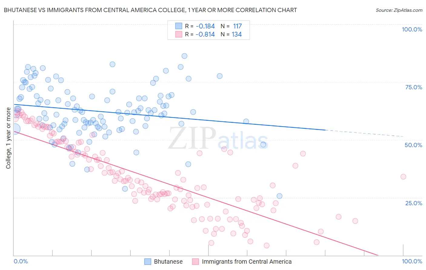 Bhutanese vs Immigrants from Central America College, 1 year or more