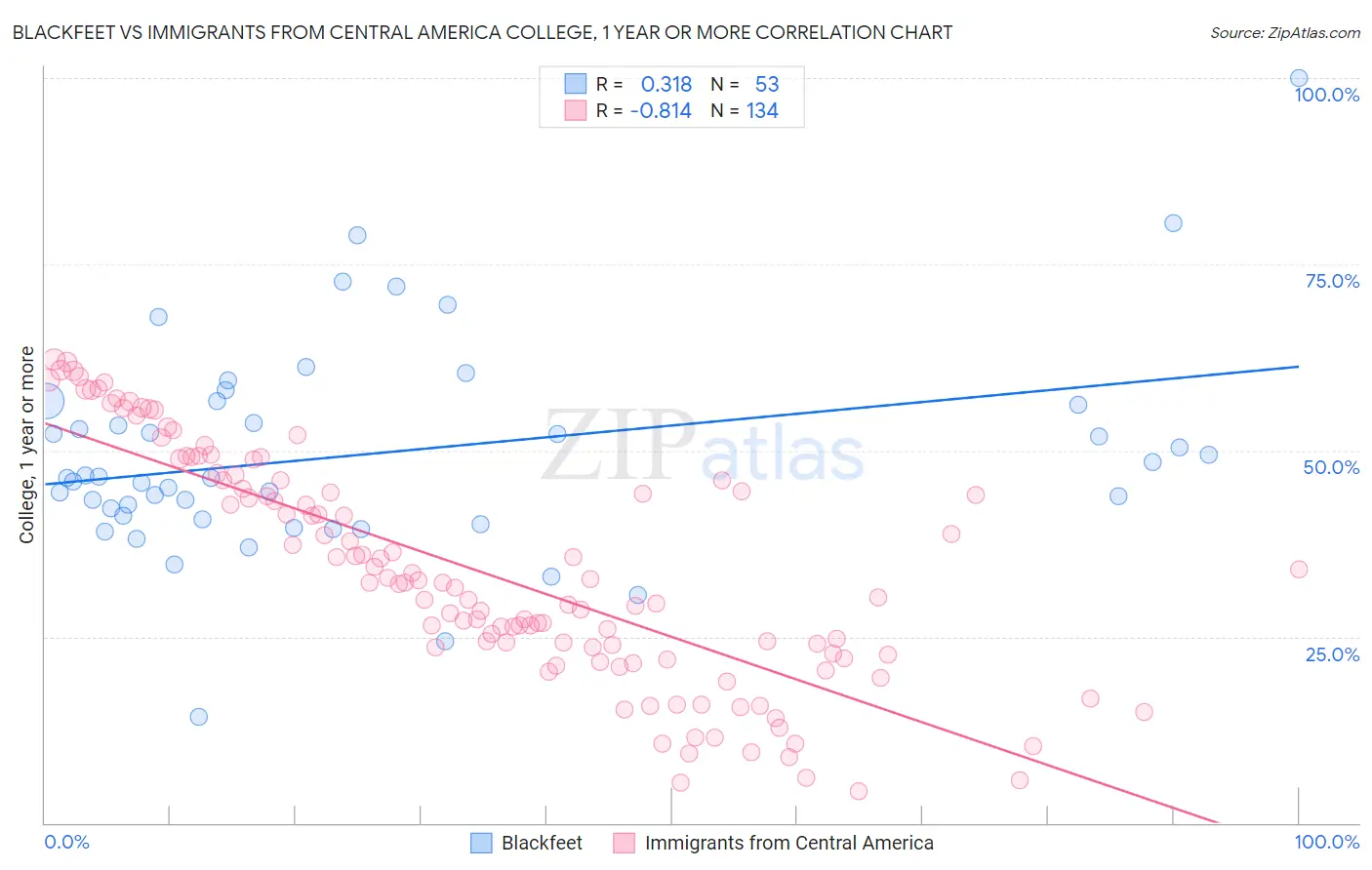 Blackfeet vs Immigrants from Central America College, 1 year or more