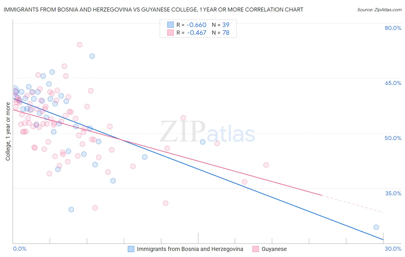 Immigrants from Bosnia and Herzegovina vs Guyanese College, 1 year or more