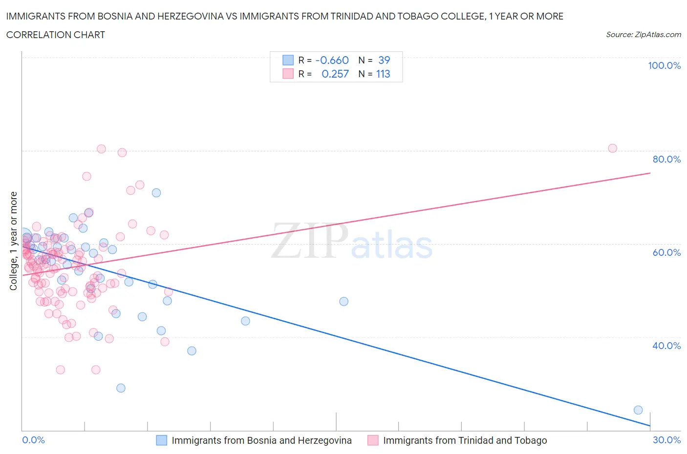 Immigrants from Bosnia and Herzegovina vs Immigrants from Trinidad and Tobago College, 1 year or more