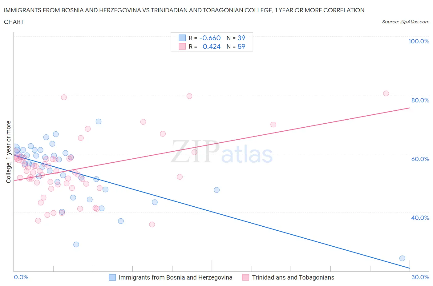 Immigrants from Bosnia and Herzegovina vs Trinidadian and Tobagonian College, 1 year or more