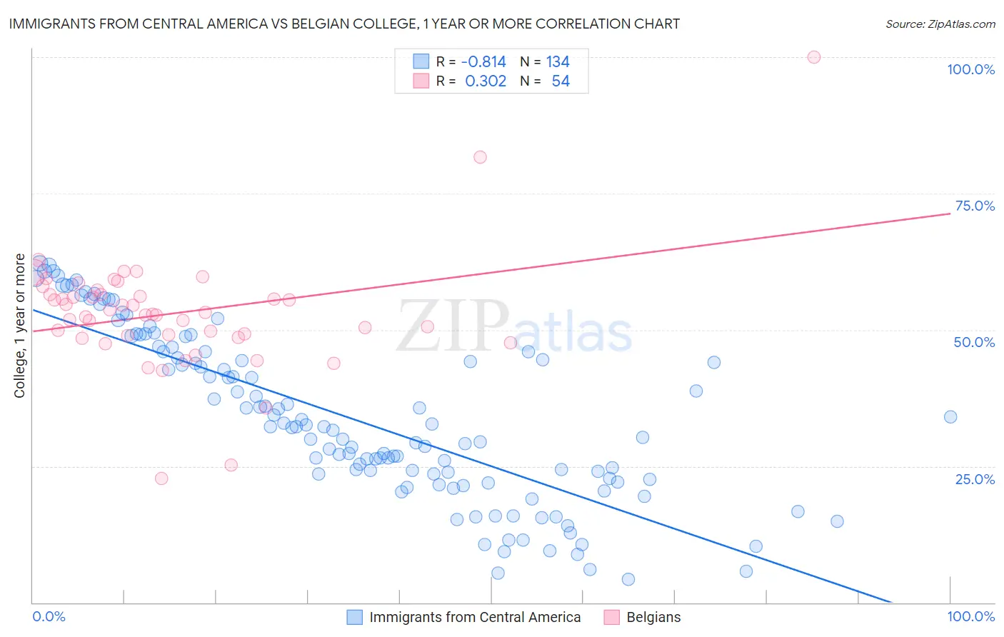 Immigrants from Central America vs Belgian College, 1 year or more