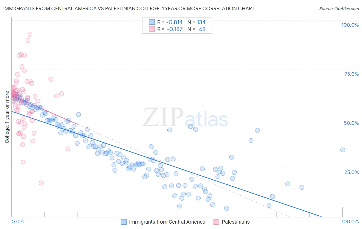 Immigrants from Central America vs Palestinian College, 1 year or more
