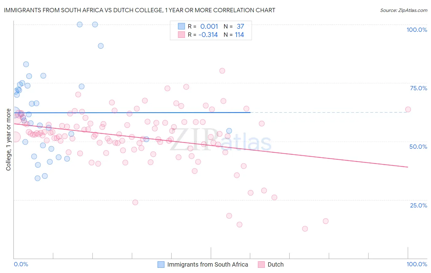 Immigrants from South Africa vs Dutch College, 1 year or more