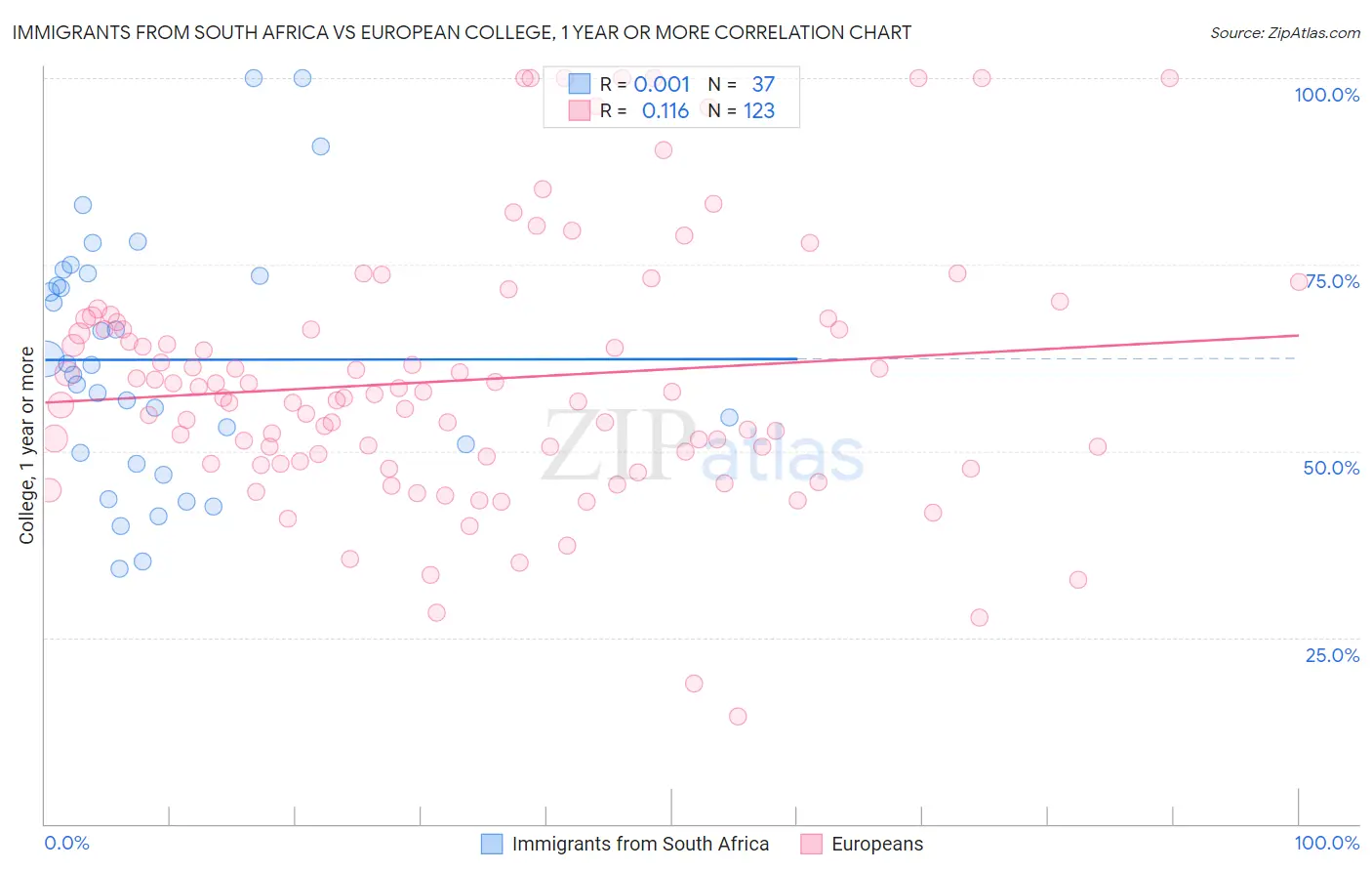 Immigrants from South Africa vs European College, 1 year or more