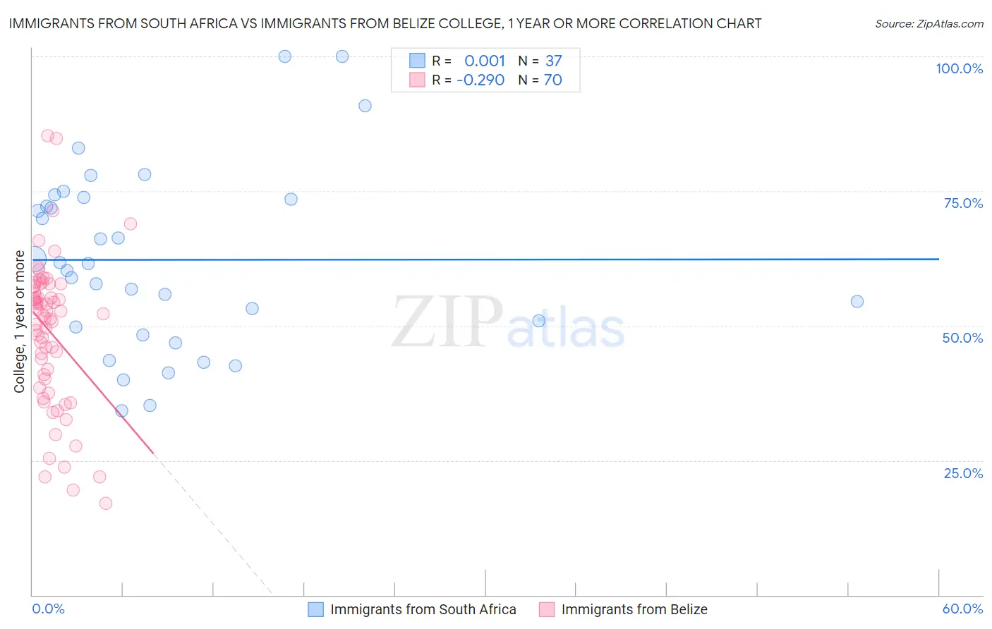 Immigrants from South Africa vs Immigrants from Belize College, 1 year or more