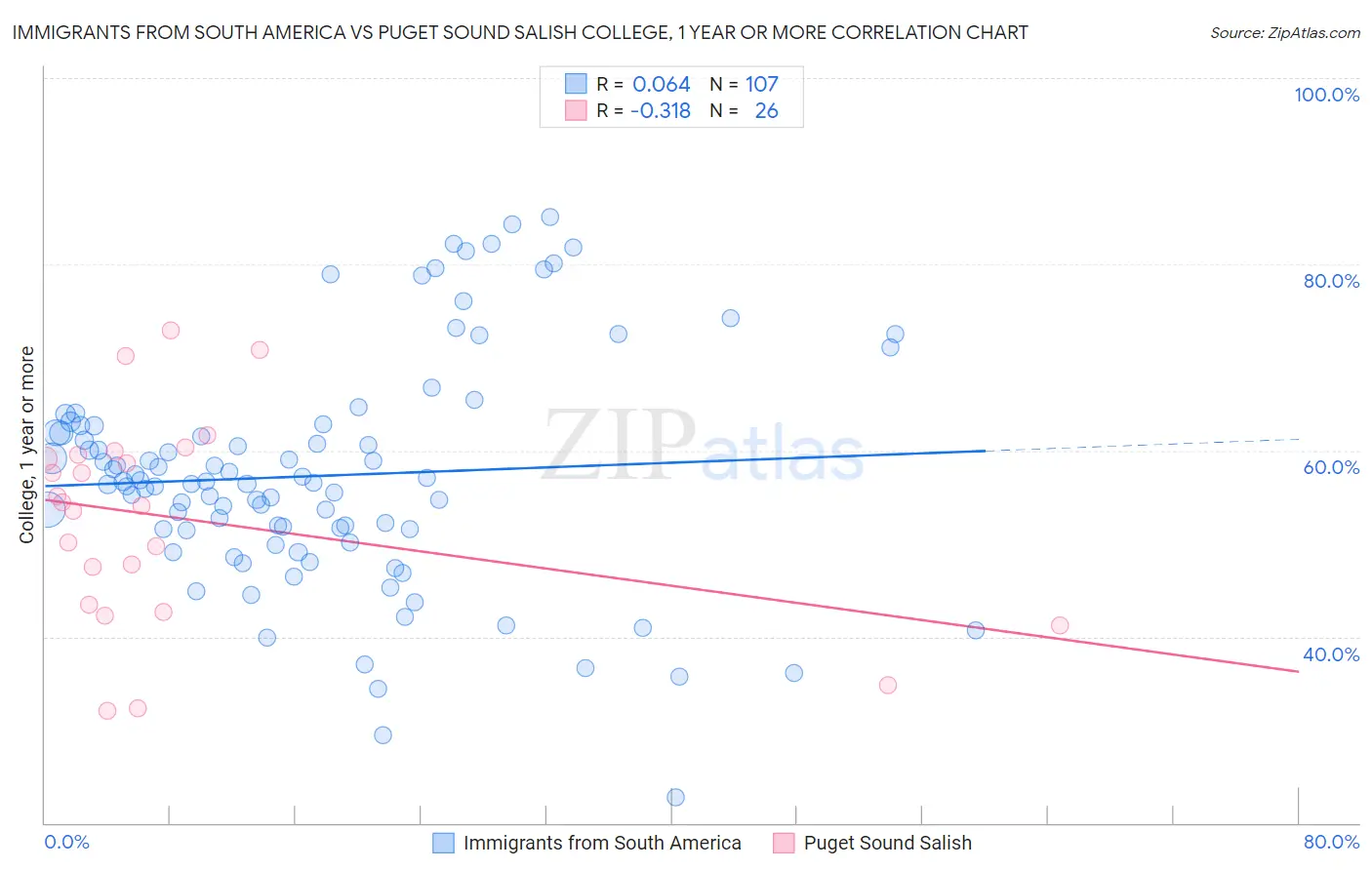 Immigrants from South America vs Puget Sound Salish College, 1 year or more
