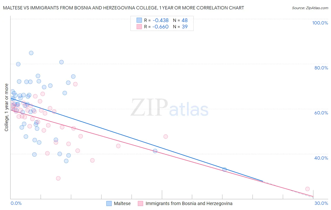 Maltese vs Immigrants from Bosnia and Herzegovina College, 1 year or more