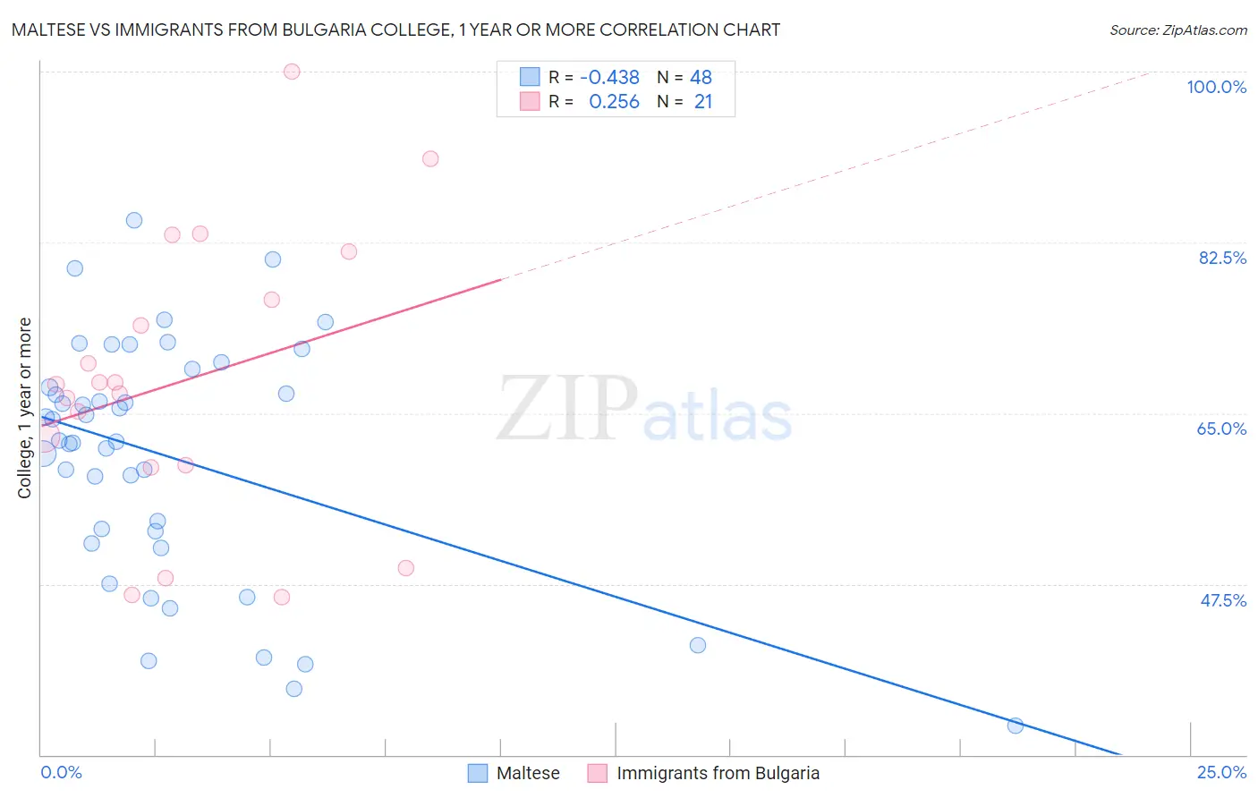 Maltese vs Immigrants from Bulgaria College, 1 year or more