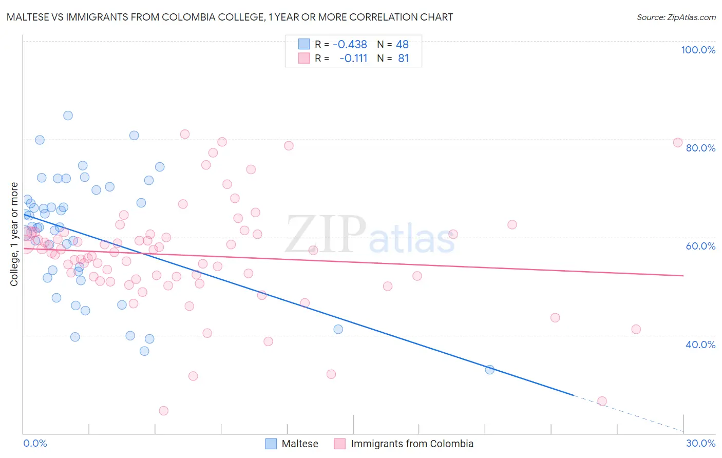 Maltese vs Immigrants from Colombia College, 1 year or more
