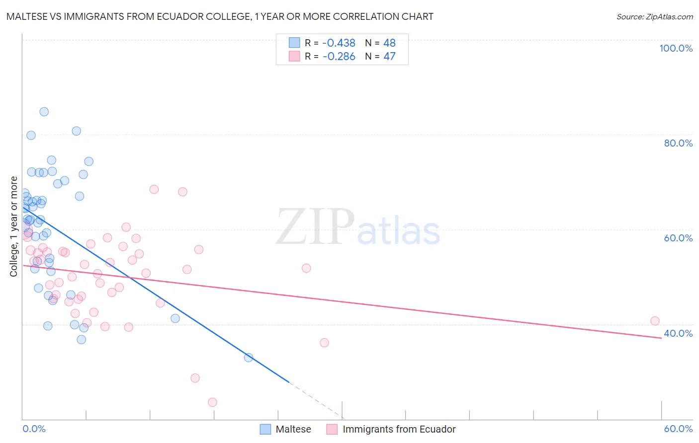 Maltese vs Immigrants from Ecuador College, 1 year or more