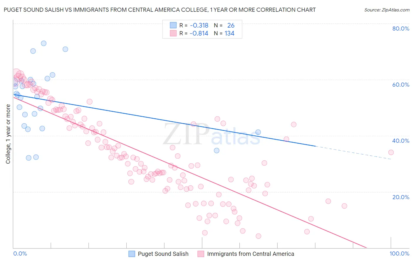 Puget Sound Salish vs Immigrants from Central America College, 1 year or more