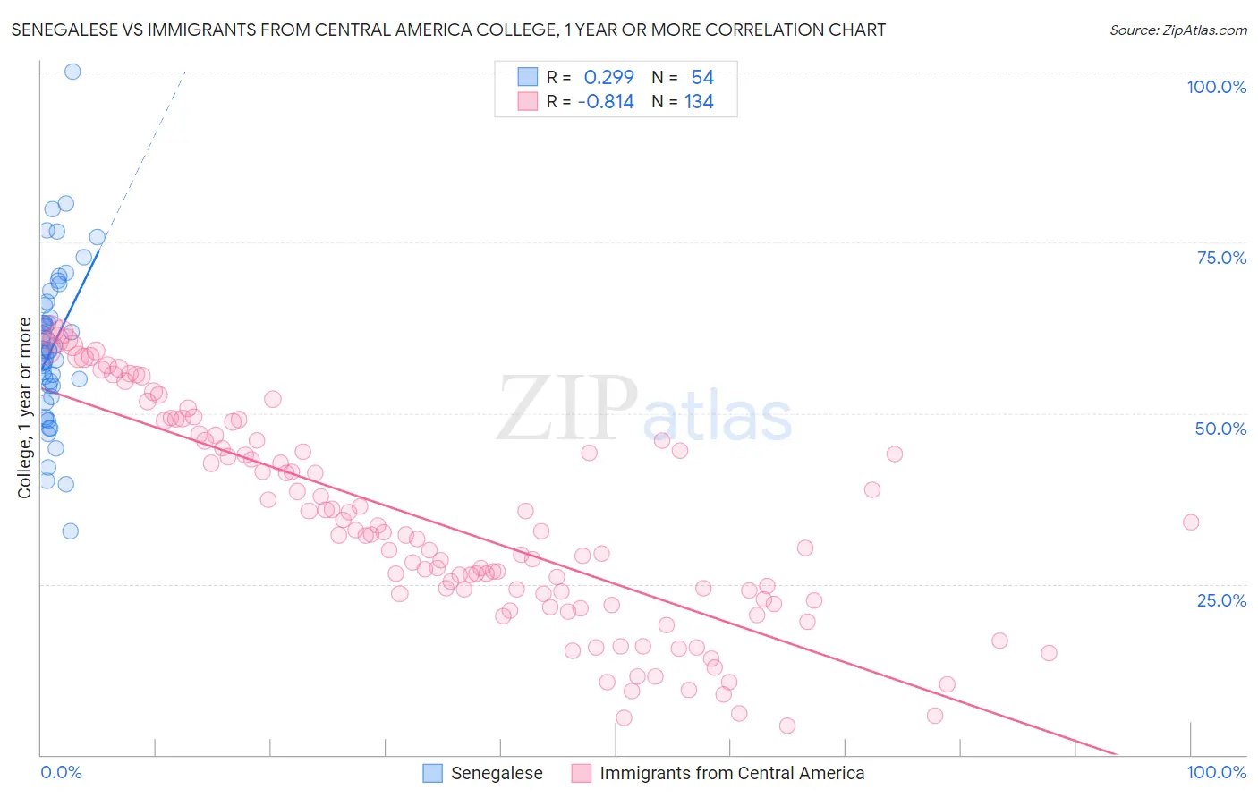 Senegalese vs Immigrants from Central America College, 1 year or more