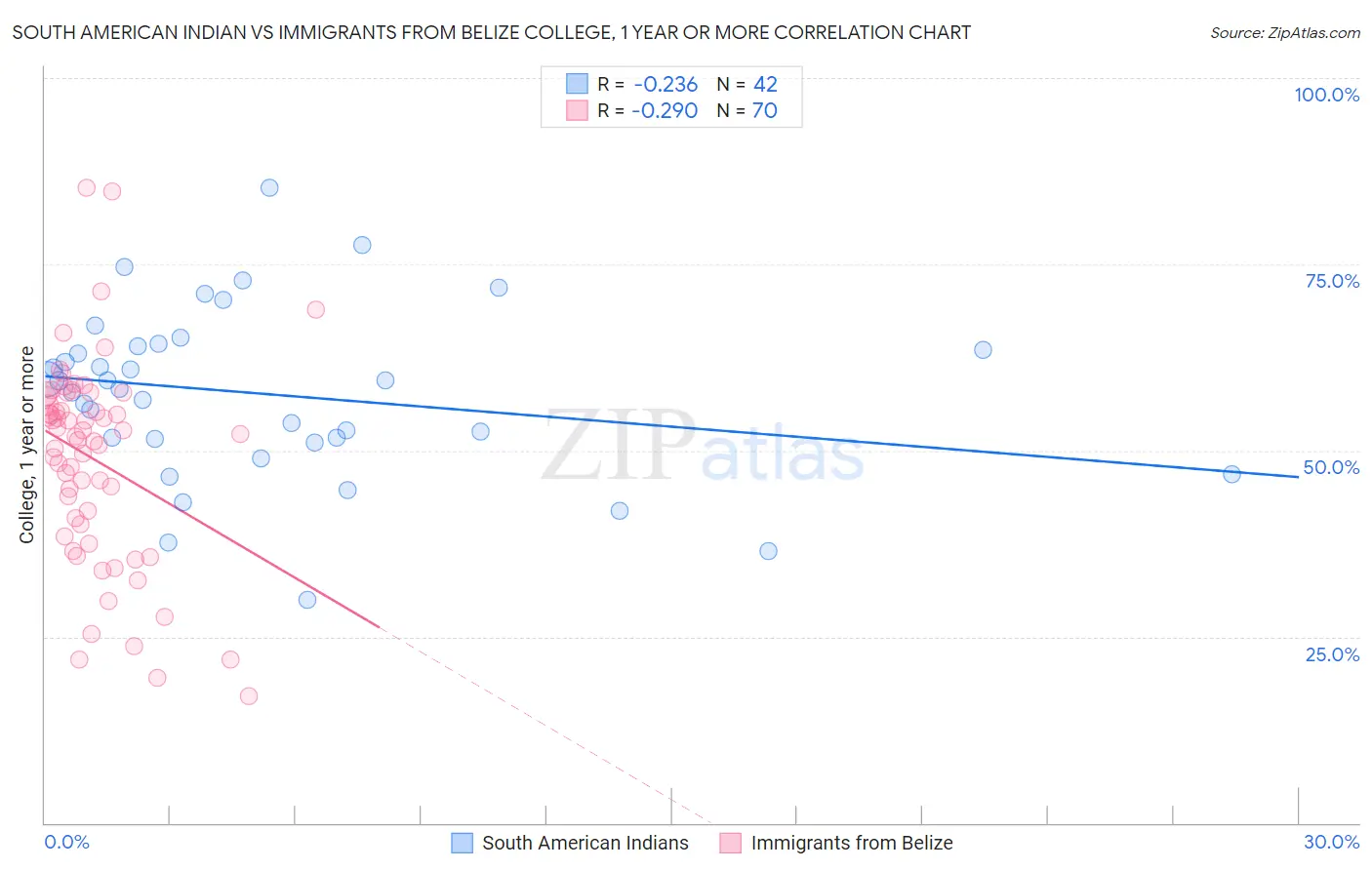 South American Indian vs Immigrants from Belize College, 1 year or more