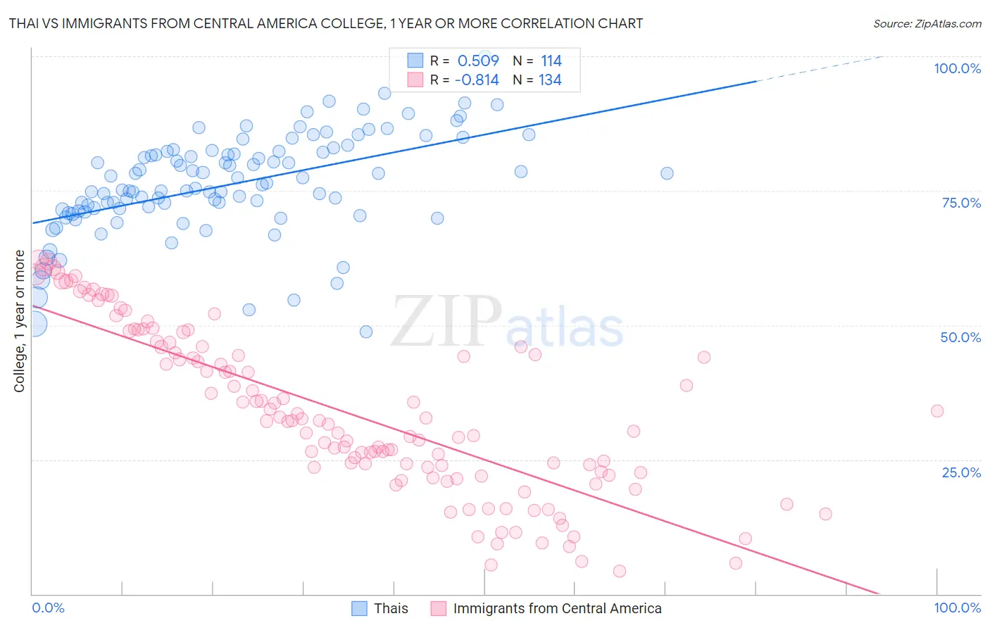 Thai vs Immigrants from Central America College, 1 year or more