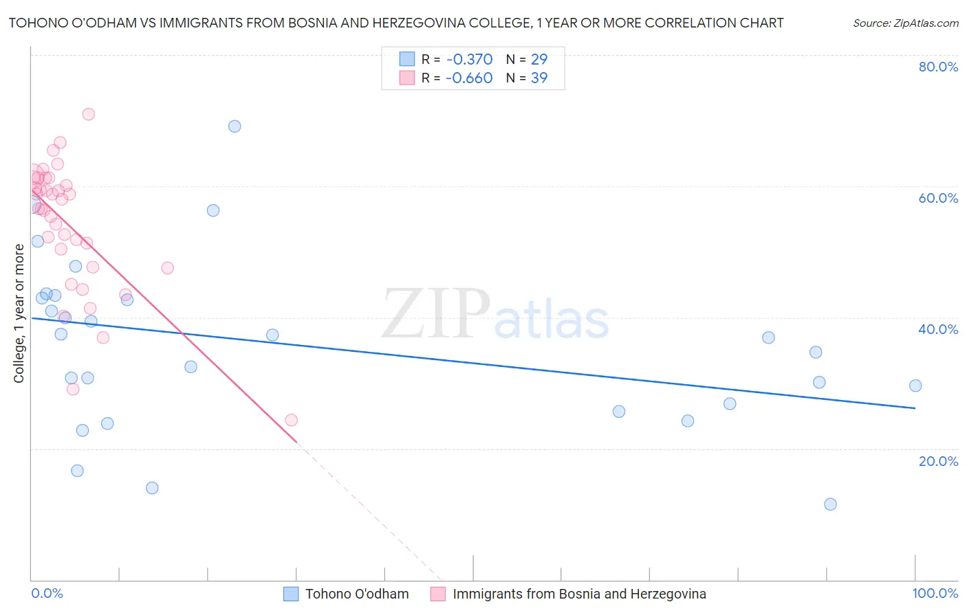 Tohono O'odham vs Immigrants from Bosnia and Herzegovina College, 1 year or more