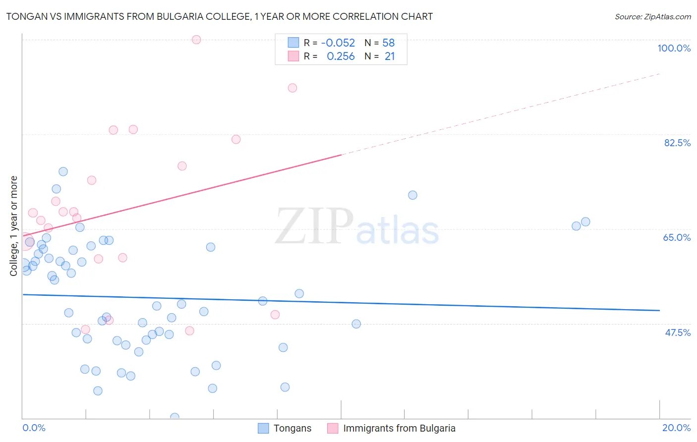 Tongan vs Immigrants from Bulgaria College, 1 year or more