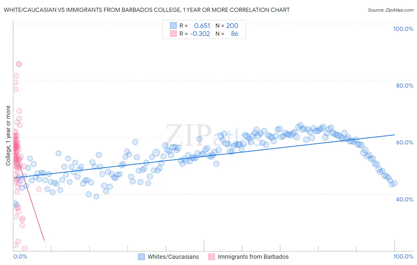 White/Caucasian vs Immigrants from Barbados College, 1 year or more