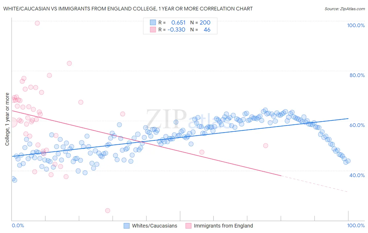 White/Caucasian vs Immigrants from England College, 1 year or more