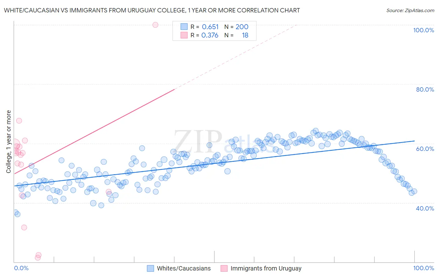 White/Caucasian vs Immigrants from Uruguay College, 1 year or more