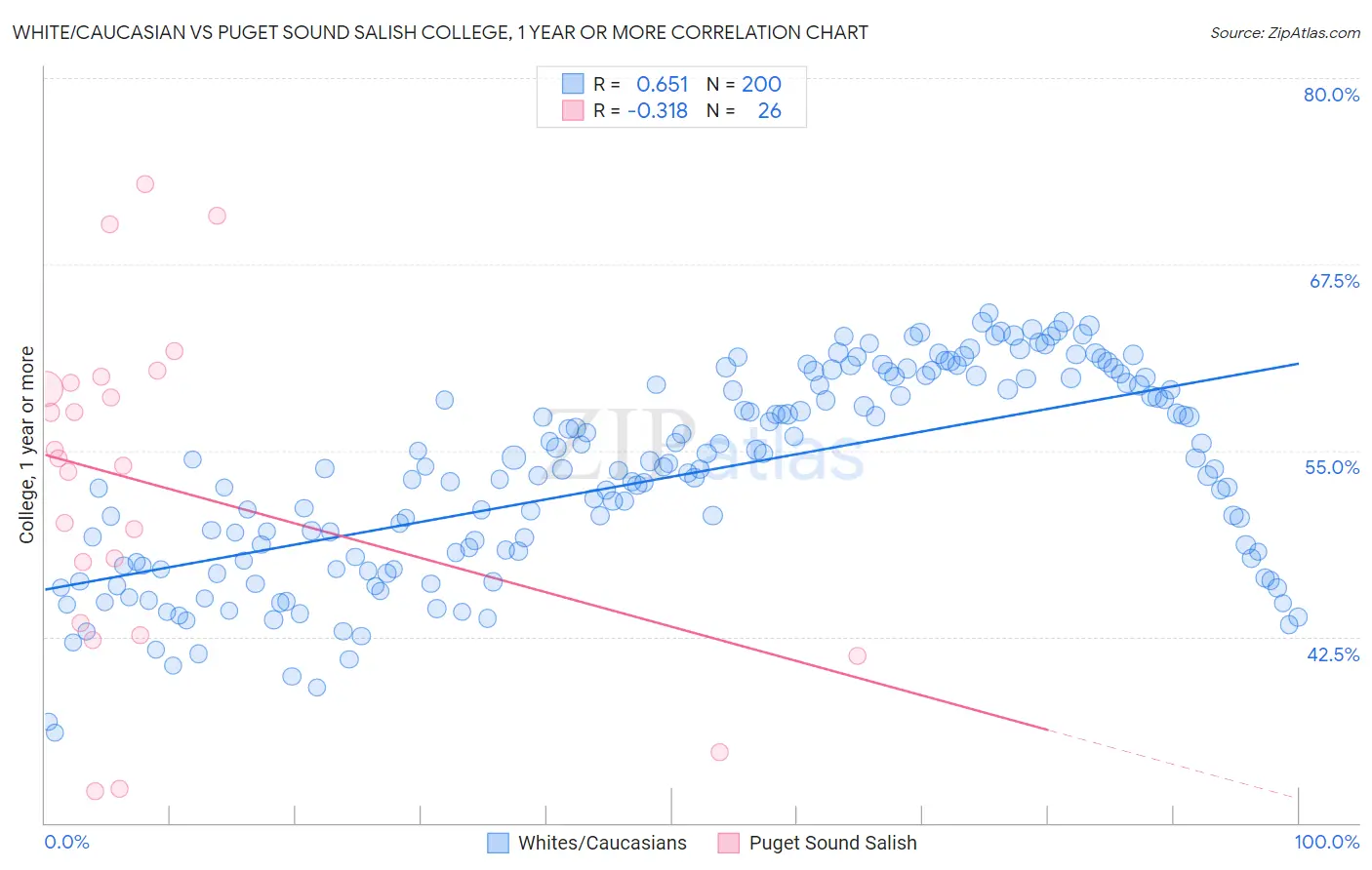 White/Caucasian vs Puget Sound Salish College, 1 year or more