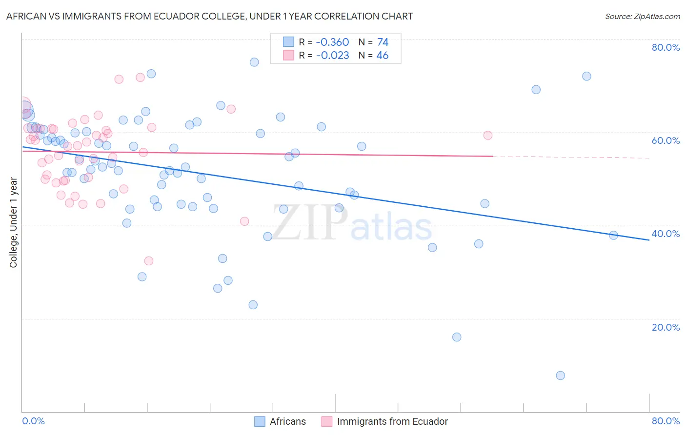 African vs Immigrants from Ecuador College, Under 1 year