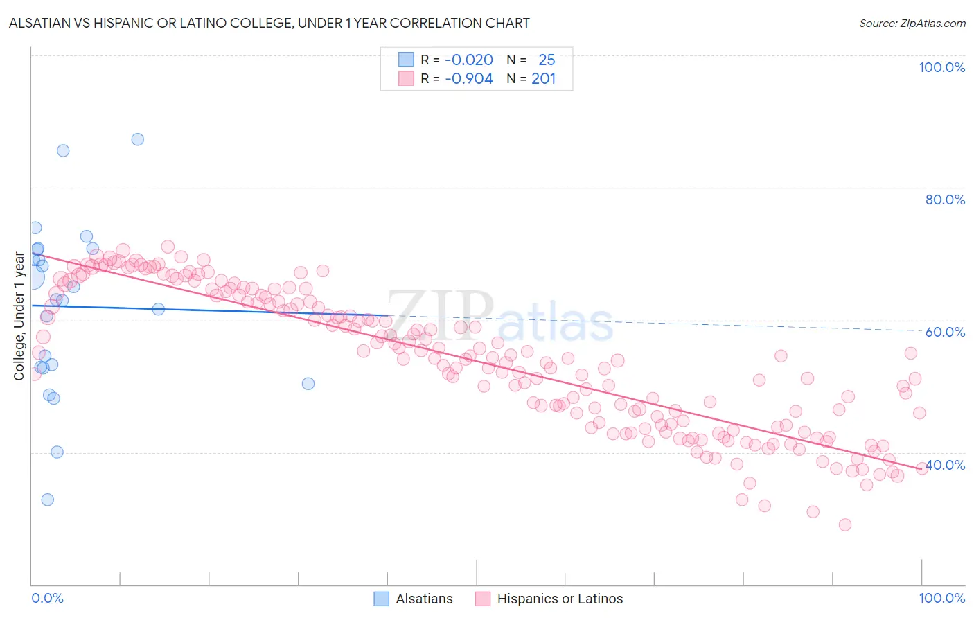 Alsatian vs Hispanic or Latino College, Under 1 year