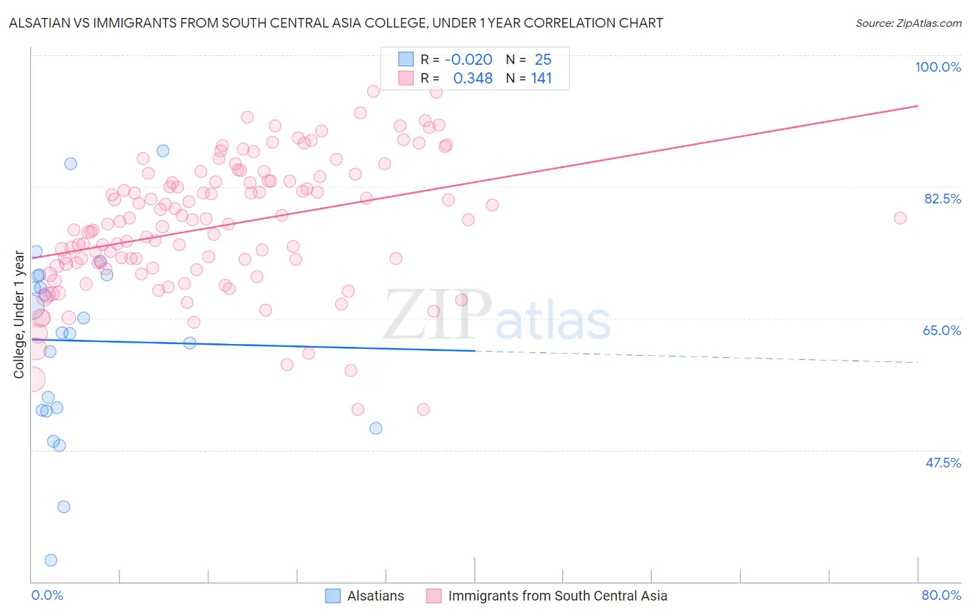 Alsatian vs Immigrants from South Central Asia College, Under 1 year