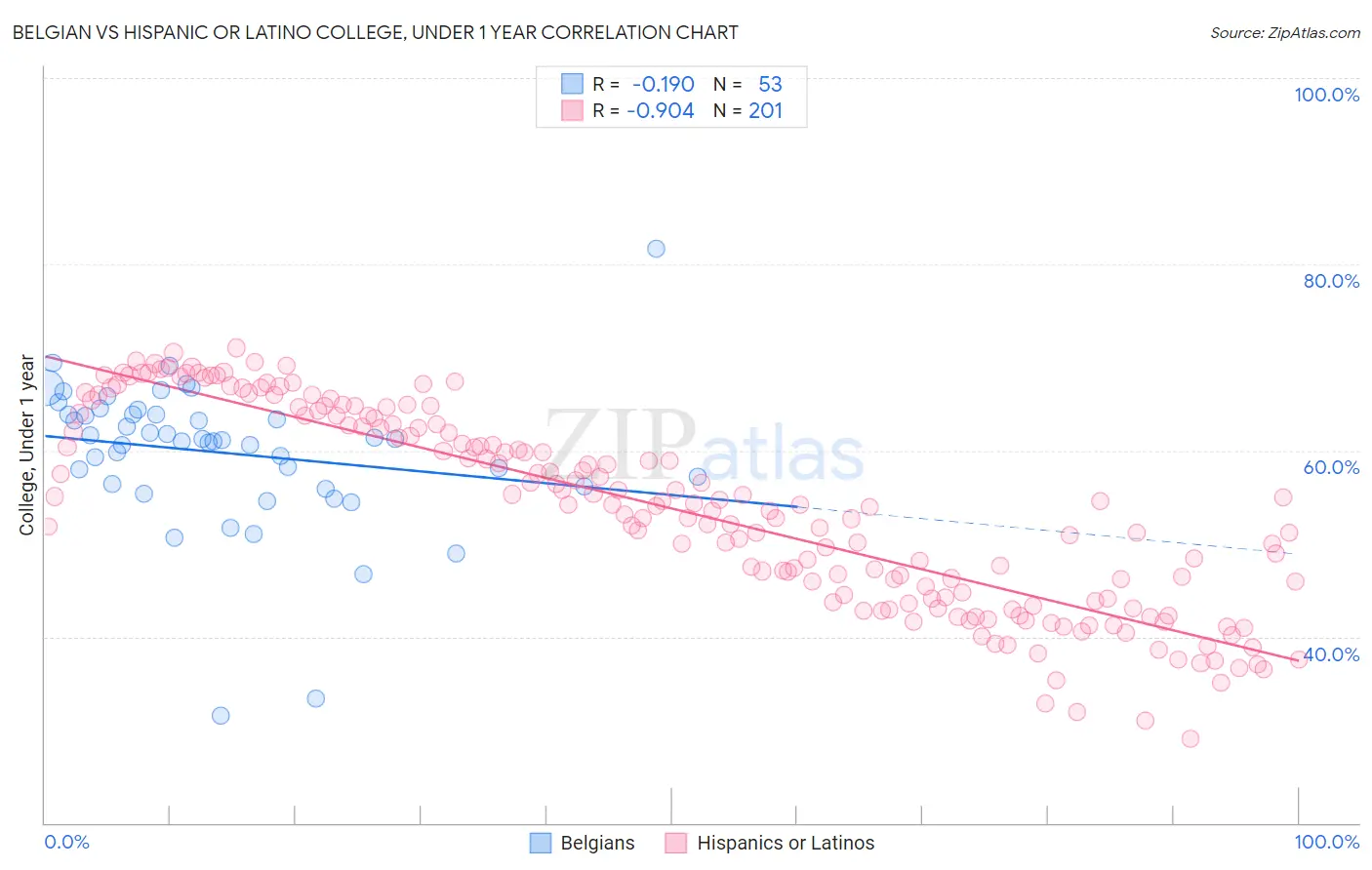Belgian vs Hispanic or Latino College, Under 1 year