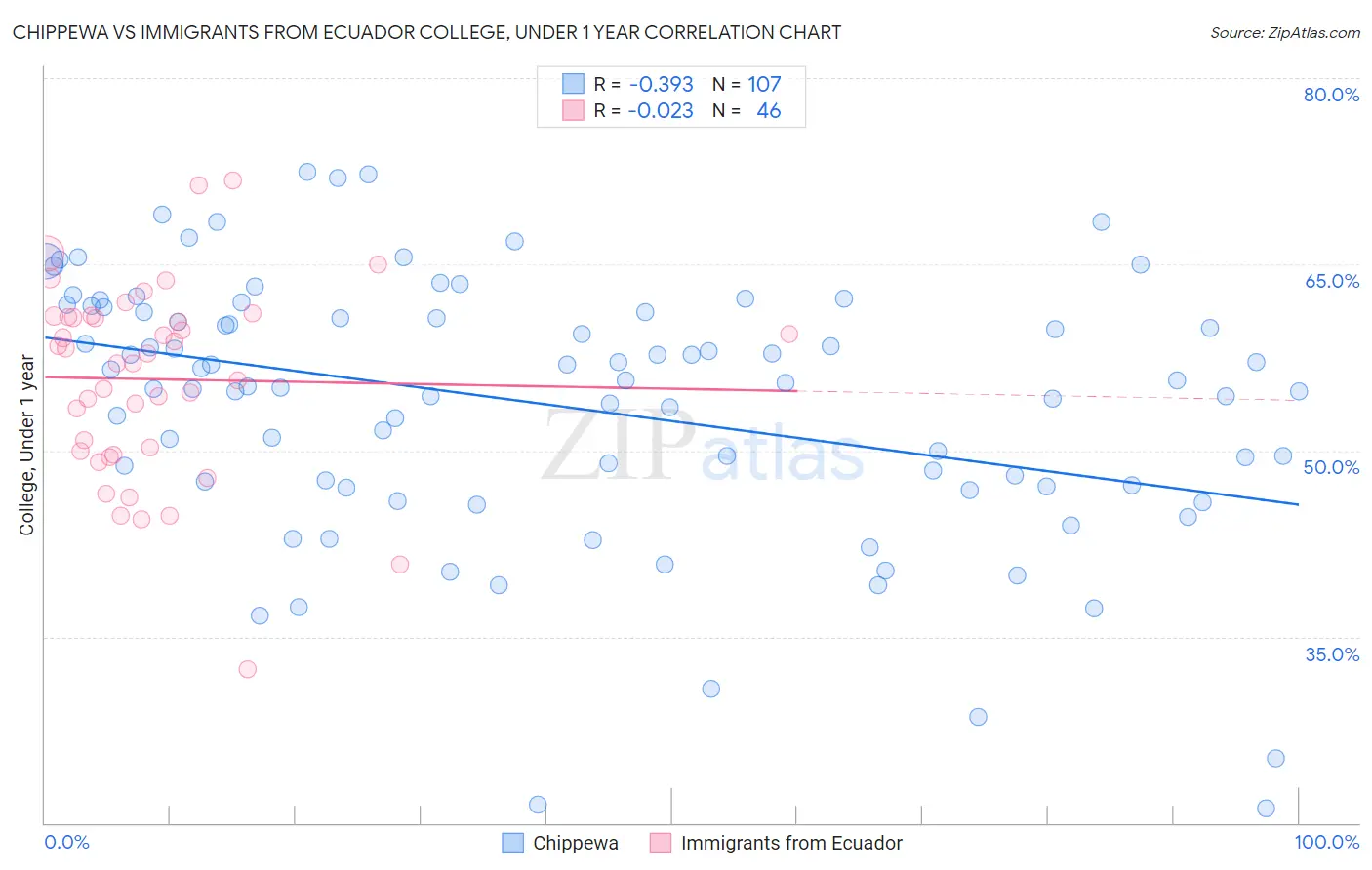 Chippewa vs Immigrants from Ecuador College, Under 1 year
