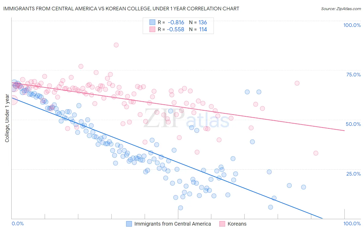 Immigrants from Central America vs Korean College, Under 1 year