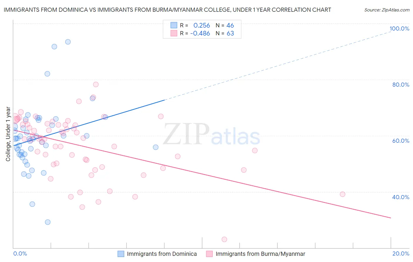 Immigrants from Dominica vs Immigrants from Burma/Myanmar College, Under 1 year